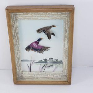 Vintage 3D Feather Art Mallard Ducks Flying Marsh Framed